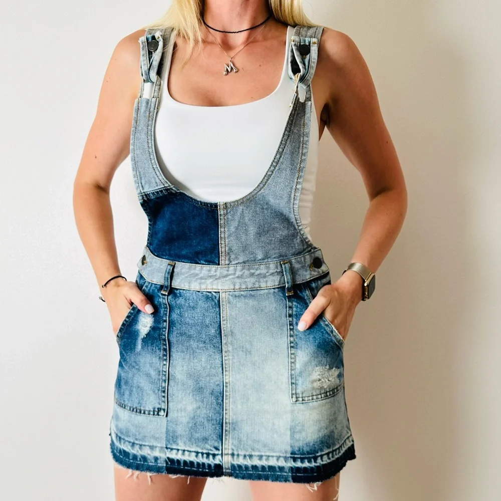 Free People Patchwork Blues Blue Denim Pinafore Overall Jean boho mini Dress - Picture 3 of 13